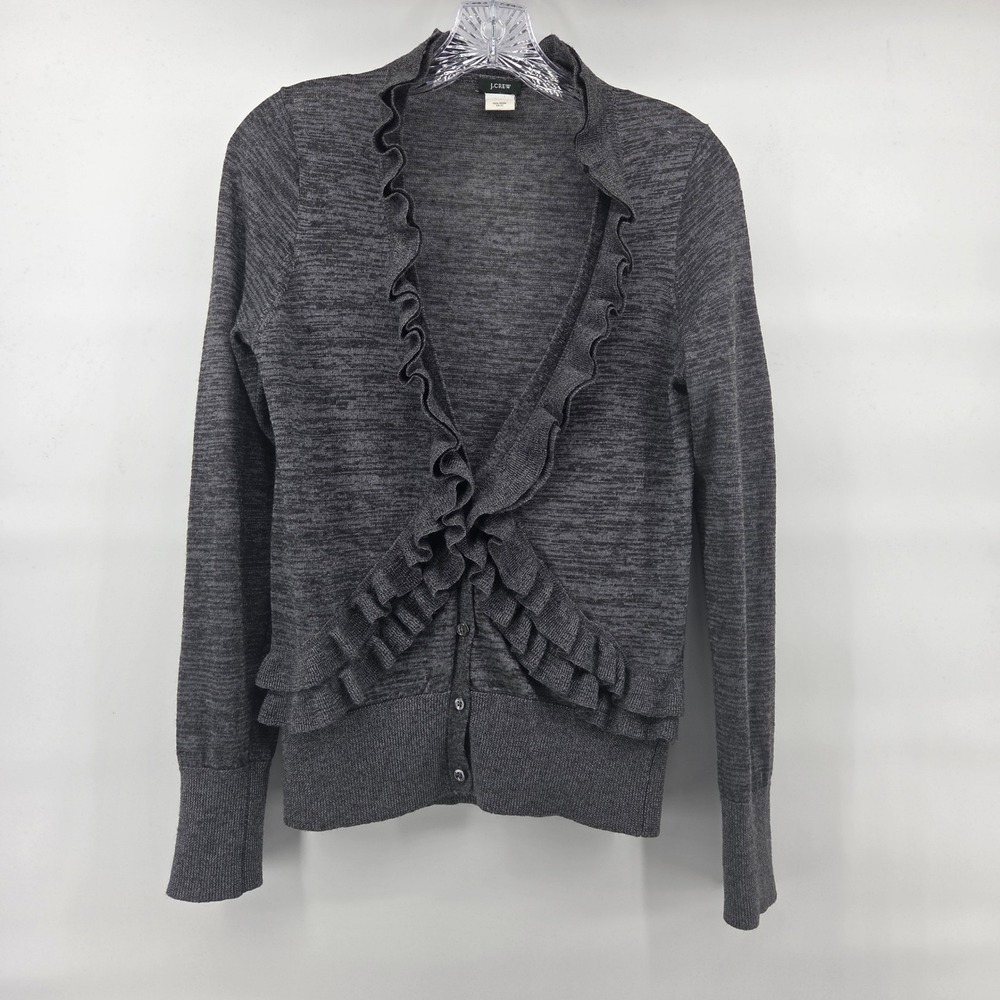 J.Crew Cardigan Sweater Medium Gray‎ Ruffle Dark Academia Coquette